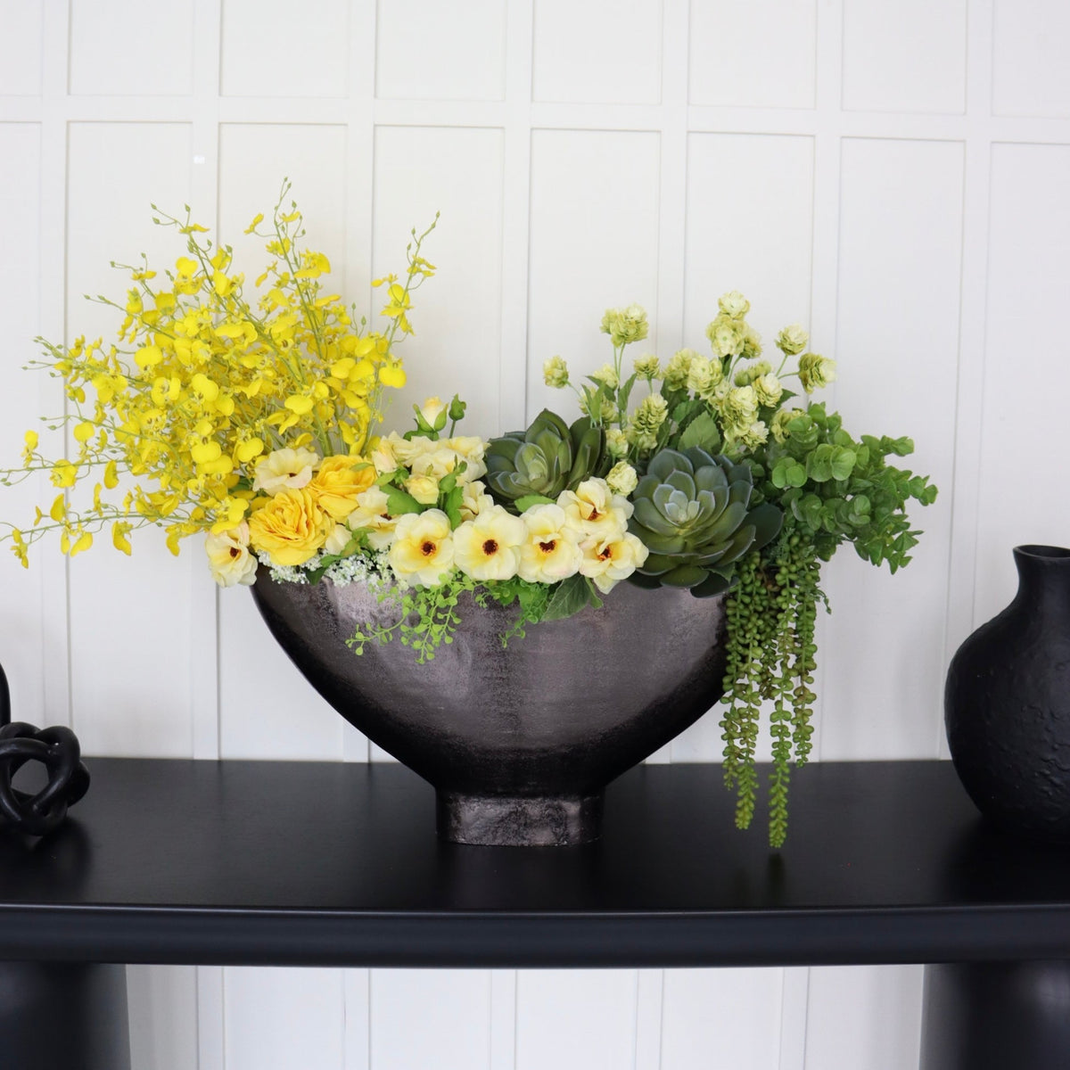 Yellow Faux Flower Arrangement with Succulent Accents