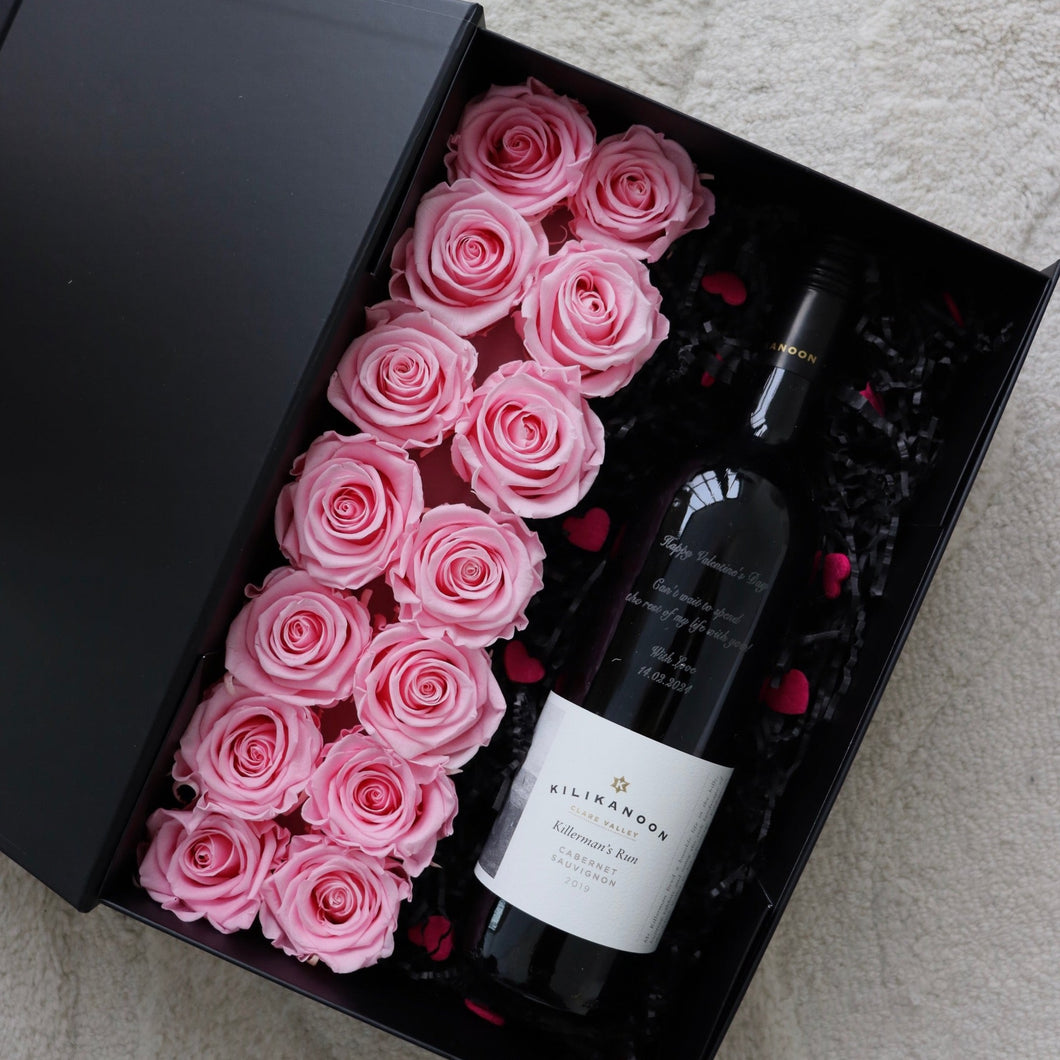 Engraved wine & Flowers Valentine Set
